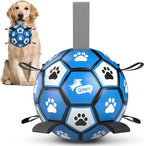 QDAN Dog Ropes Toys, Soccer Ball with Straps, Tug of Toy, Dog Birthday Toy | 8 Inch Soccer Toy with Straps, Dog Tug Toy for Tug of War, Puppy Birthday Gifts, Training Herding Balls for Outdoor, Blue