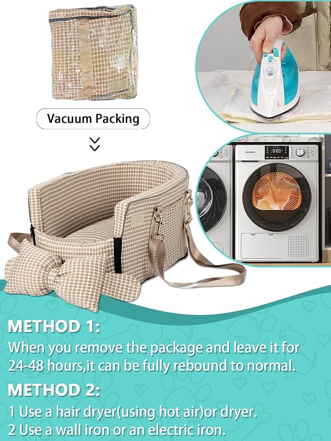 Prpeko Dog Car Seat for Small Dogs,Center Console Seat for Puppy,Anti-Collapse Pet Car Seat with Soft Cushion Safety Belt, Portable Car Armrest Seat for Dog & Cat Under 15 lbs (Grid-Brown)