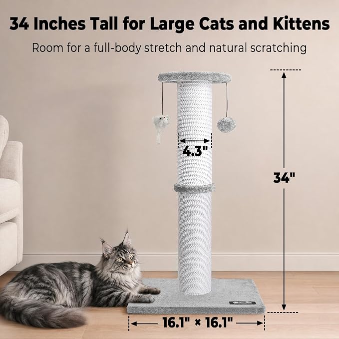 34"Tall Cat Scratching Post for Large Cats, Stable Base, Light Gray | Heavy-Duty Cat Scratcher, Extra-Tall Thick Post, Soft Natural Cotton Rope, Hanging Interactive Cat Toys, Indoor Cat Furniture