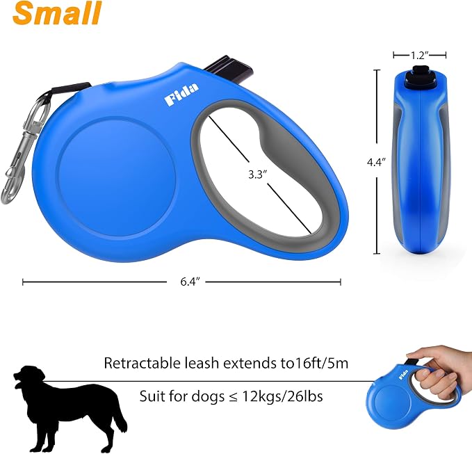 Fida Retractable Dog Leash with Dispenser and Poop Bags, 16 ft Pet Walking Leash for Small Dog or Cat up to 26 lbs, Anti-Slip Handle, Tangle Free, Reflective Nylon Tape (S, Blue)