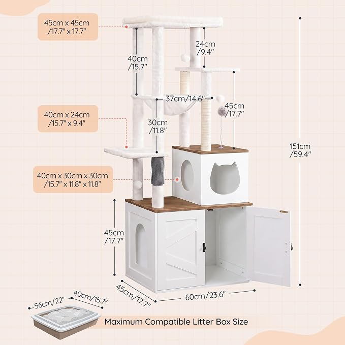 HOOBRO Cat Tree with Litter Box Enclosure, Tall Cat Tower for Indoor Cats | All-in-One Modern Cat Condo, Hidden Litter Box Enclosure Furniture, White and Walnut WH51MZ03