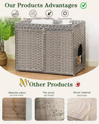 SETVSON Cat Litter Box Enclosure Furniture, Handwoven PE Rattan, Gray | Large Double-Door PE Rattan Kitty House, Fits Large Covered Litter Boxes, 2 Litter Mats, 2 S-Hooks, Metal Frame
