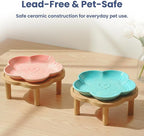 Flower Ceramic Feeding Cat Plate with Raised Bamboo Stand, Pink | Elevated Whisker-Friendly Pet Bowl, Anti-Slip Stable Design, Dishwasher Safe