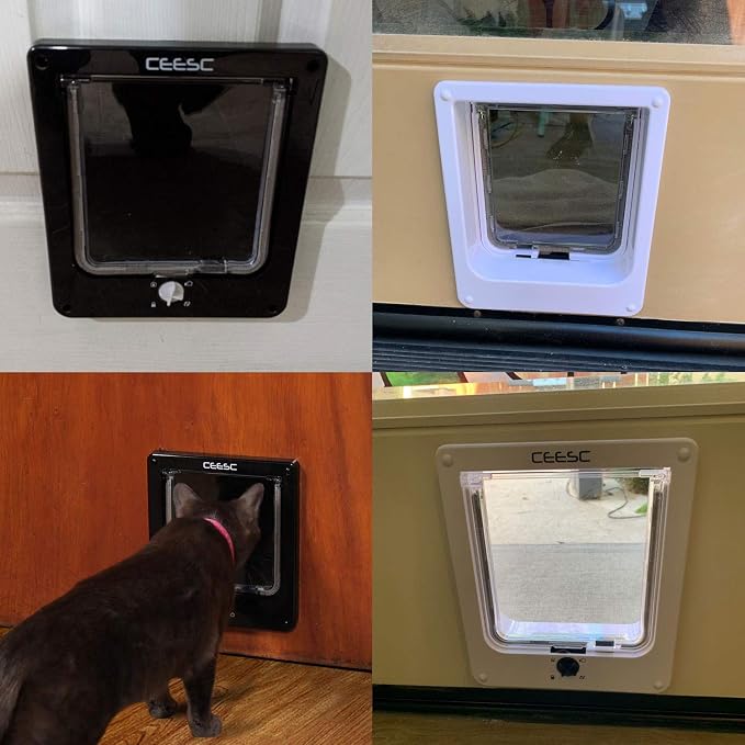 CEESC X-Large Cat Door for Interior/Exterior, for Pets <24.8", Black | Rotary 4-Way Lock, Weatherproof, Fits doors 1.26-2.14", Adjustable tunnel depth, Upgraded version