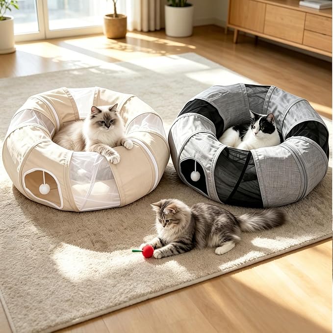 Ownpets Collapsible Cat Tunnel Toy - 2-in-1 Interactive Play Tunnel for Cat up to 18 lbs, Tear-Resistant Mesh, Fold to 2 Inches Thick, Portable Cat Exercise & Entertainment Tunnel, 12" Diameter, Khaki