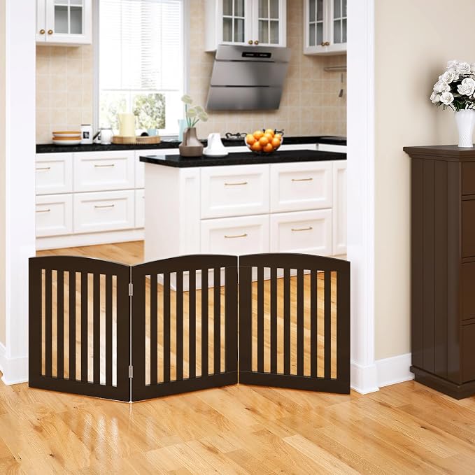 PAWLAND Wooden Freestanding Foldable Pet Gate for Dogs, 24 inch 3 Panels Step Over Fence, Dog Gate for The House, Doorway, Stairs, Extra Wide (Espresso, 24" Height-3 Panels)