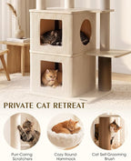 63" Heavy Duty Cat Tree for Indoor Cats, Sturdy Cat Tower for Large Cats with Scratching Post, Plush Top Perch, Cat Condo (White Oak)