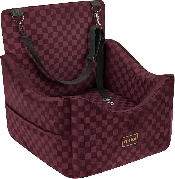 JOEJOY Elevated Dog Car Seat for Small/Medium Dogs up to 36 lbs, Memory Foam Booster Seat with Detachable Washable Cover, Travel-Safe Car Bed with Safety Belts & Storage Pockets, Red