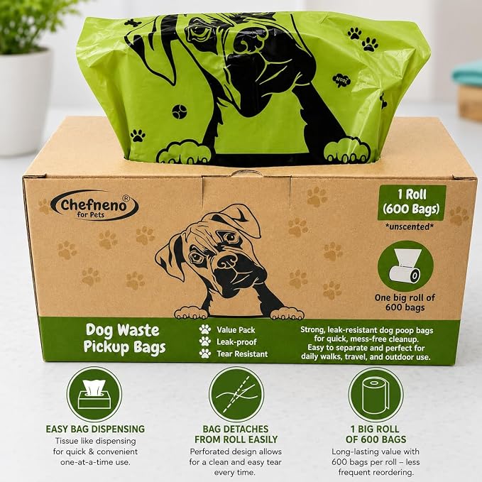 Dog Poop Bags One Big Roll (600 ct.) Doggy Poop Bags Pet Waste Pickup Bag Cat Waste Disposal Bags (1 Roll, 600 Bags)