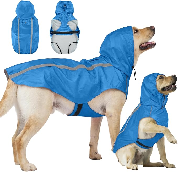 Blue Dog Raincoat with Reflective Strip Hoodie, Waterproof Poncho，3XL | Reflective Safety Trim, Waterproof & Breathable, Adjustable Hood, Leash-Friendly Access Hole, Easy On & Off Design