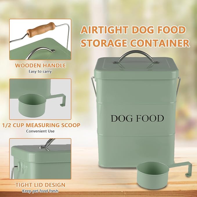 Dog Treats tin and dog Food Storage Tin with Lid & with Spoon for dog Food Storage, Medium Pet Food Storage Can-Dog Food-Green