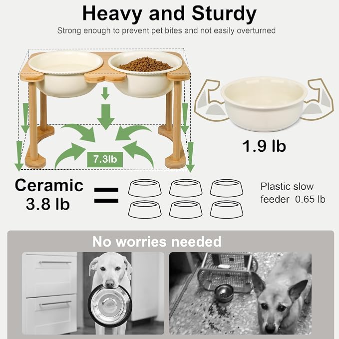 Ceramic Dog Bowls with Non-Skid Stand, Elevated Feeding Bowl for Medium Large Dogs,Raised Food and Water Dish Set, Dog Pet Feeder (11'' Tall-56OZ-Cream White)