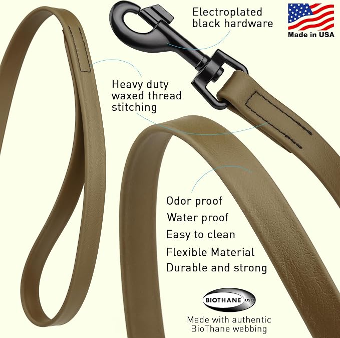 Dogline Biothane Waterproof Dog Leash Strong Coated Nylon Webbing with Black Hardware Odor-Proof Easy to Clean High Performance for Small or Large Dogs Made in USA 4 or 6 ft Lead, Coyote Brown
