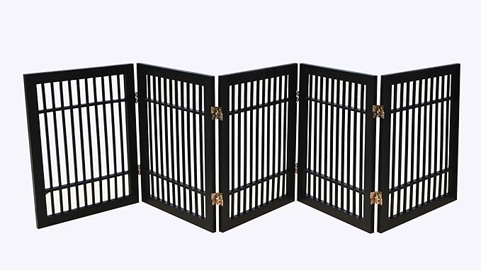 Urnporium Pet Dog Gate Freestanding, Strong Durable Folding Wooden Fence, Portable Acacia Hardwood Safety Barrier for Indoor & Outdoor Use (Black Pet Gate, 5 Panel 24" Tall)