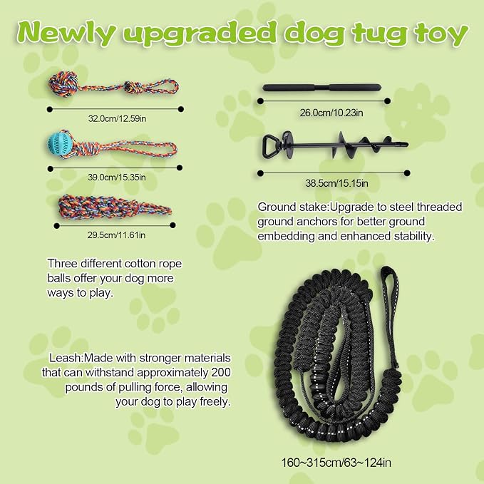 Tether Tug Outdoor Dog Toy with Upgraded Steel Stake & Adjustable Safety Rope, Includes 3 Chew Toys , Durable Interactive Tug of War Bungee Rope Toy for Large, Medium & Small Dogs on Lawns or Trees