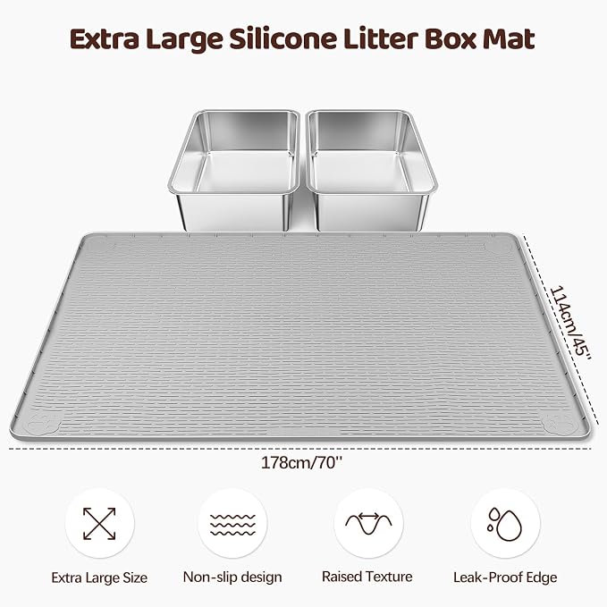 Silicone Cat Litter Mat for Litter Box 70”x45” Large Cat Mat, Light Grey | Waterproof, Non-Slip, Leak-Proof Rug Mat with Lip, Easy to Clean, Extra Large Litter Catcher Mat for Floor