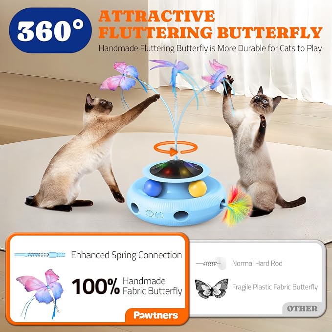 Pawtners Cat Toys, Automatic Interactive Kitten Toys for Indoor Cats, Blue | Fluttering Butterfly, Moving Feather, Track Balls and USB Rechargeable Powered Smart Indoor Exercise Kicker