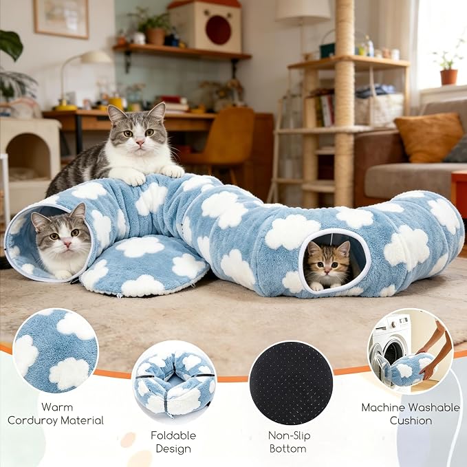 Cat Tunnel Bed with Toys – Large Collapsible Play Tube (Blue) | Soft Tube for Indoor Kittens & Adult Cats – Perfect for Hide & Seek, Pouncing, and Cozy Napping, Space-Saving & Foldable