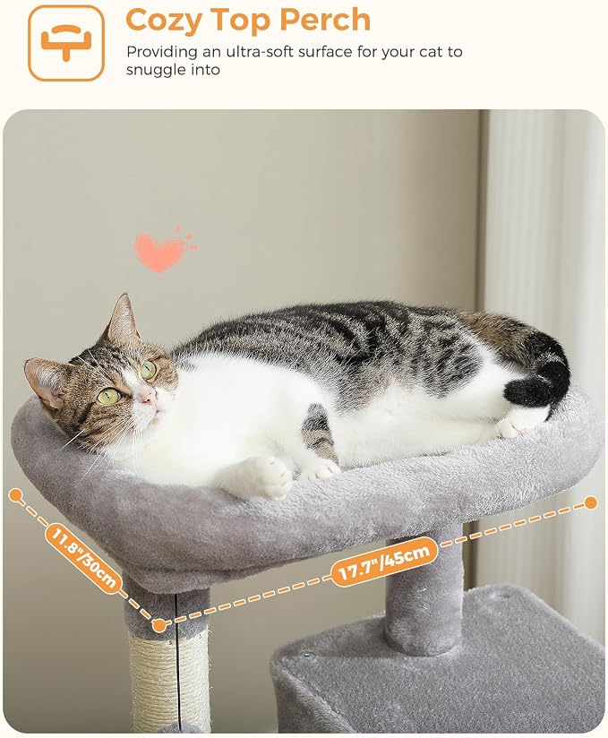 MUTTROS 56.3" Cat Tree with Metal Hammock, 2-Door Condo, 6 Tiers, Gray | 6-tier shelves, Metal plush hammock, 2-door condo house, Sisal posts, Large top perch, For adult cats