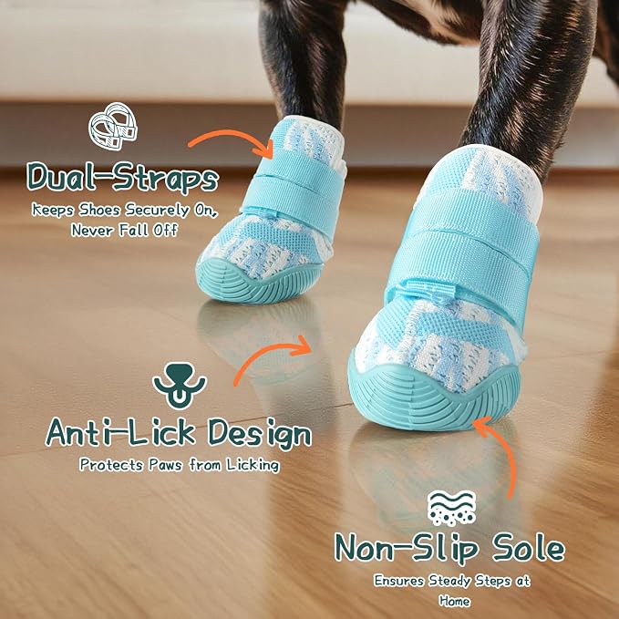 Dog Shoes for Large Dogs, Outdoor Dog Boots & Paw Protectors for Hot Pavement, Winter Snow Hiking, Breathable Dog Booties, Indoor Hardfloors Anti Slip Sole Blue Size 8