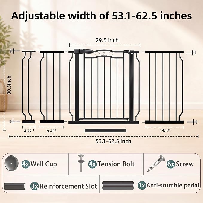 53.1"-62.5" Extra Wide Baby Gate & Dog Gate, Pressure Mounted No Drilling Pet Gate for Doorways & Large Openings, with Walk-Through, Auto-Close & Dual-Direction Swing, Black