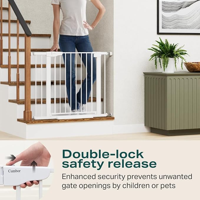 Cumbor 2 Pack 30-40.6 in Baby Gate for Stairs and Doorways, Dog Gate White | Mom's Choice Awards Winner, Double Lock, 2-Way Swing, Auto Close Child Gate for Toddler & Pets, Pressure or Hardware Mounted
