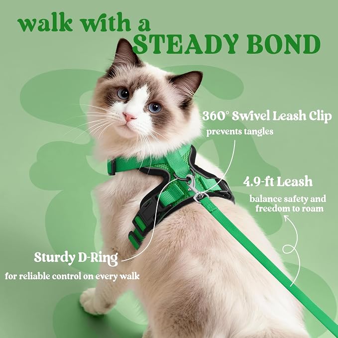 rabbitgoo Cat Harness and Leash Set, Escape Proof Vest, Grass Green | Soft Breathable Mesh, Easy Adjustable Fit, Snap Buckles, Sturdy Clip, Reflective Strips, for Kittens & Small Cats Walks, Xxs