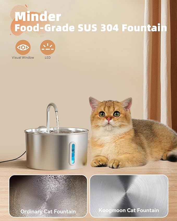 Cat Water Fountain Stainless Steel: 108oz/3.2L Cat Fountain for Drinking | Automatic Pet Supplies for Home Cat Inside, Metal Small Dog Water Dispenser Kitty Spout, Water Level Window, Ultra Quiet Pump