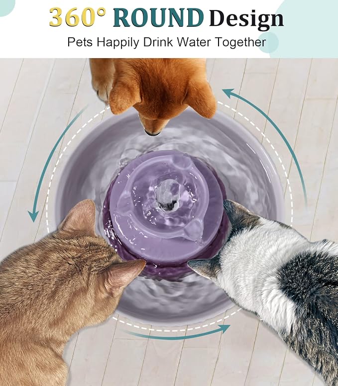 Ceramic Cat Water Fountain, Pet Ceramic Water Fountain, 2.1 L Drinking Fountains Bowl for Cats and Dogs with Replacement Filters and Foam(Purple)