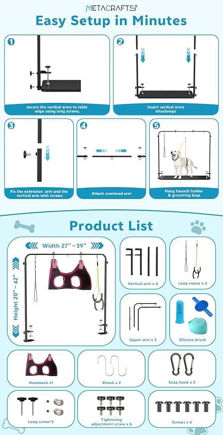 Metacrafts Dog Grooming Arm with Hammock & 2 Nooses, Clamp for Table: 42'' Height, 27''–39'' Width Portable Pet Grooming Kit for Nail Trimming, Cats & Dogs (Table not Included)