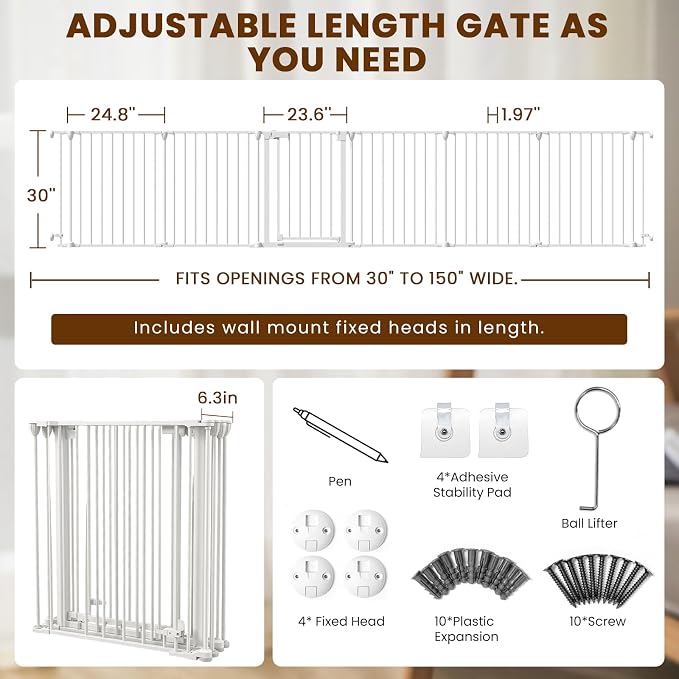 Mumeasy 150" Extra Wide Baby Gate, Play Yard Long Dog Gate for Doorways | Pet Gate Auto Close Walk Thru Door, Adjustable Large Child Safety Fence Gate for House Fireplace Outdoor,6 Metal Panels,White