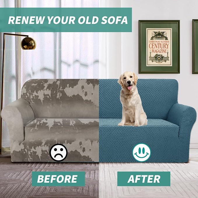 YEMYHOM Couch Cover Latest Jacquard Design High Stretch Sofa Covers for 2 Cushion Couch, Pet Dog Cat Proof Loveseat Slipcover Non Slip Magic Elastic Furniture Protector (Medium, Teal)
