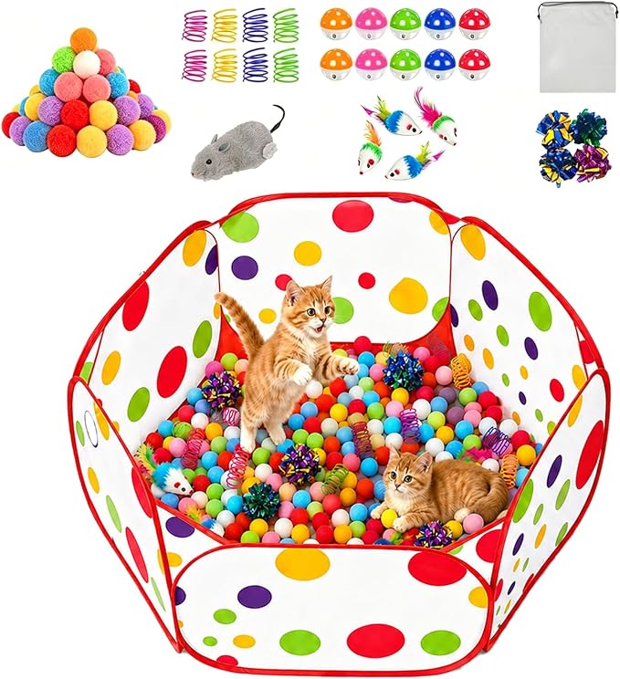 Cat Ball Pit with 227 Pcs Interactive Cat Toys, Enrichment Toys for Bored Indoor Cats Self Play, Include Pom Pom Balls Jingle and Crinkle Balls, Springs and Mice Toy for Kitten Fun and Exercise