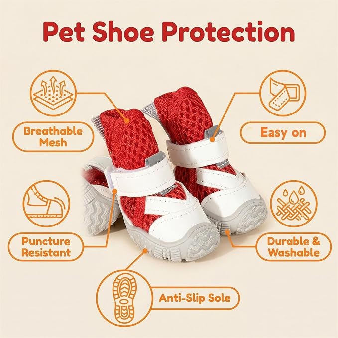 Dog Shoes for Small Dogs, Hot Pavement Summer Puppy Dog Boots & Paw Protectors with Soft Anti-Slip Rubber Sole, Mesh Breathable Dog Booties for Hardfloors, Walking Running 4 Pack (red, 4)