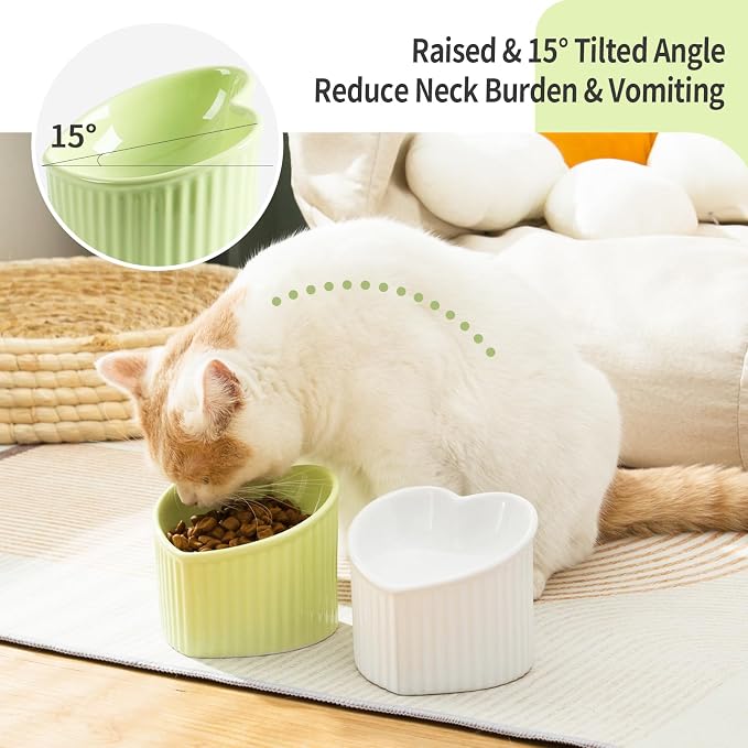 5.5 in Green Ceramic Raised Tilted Cat Food Bowl 1 Pack | Elevated, Love Heart Shape, Slanted, Pet Feeding Dish, Stress Free, Kitty, Small Cats, Protect Pet's Spine