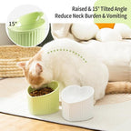 5.5 in Green Ceramic Raised Tilted Cat Food Bowl 1 Pack | Elevated, Love Heart Shape, Slanted, Pet Feeding Dish, Stress Free, Kitty, Small Cats, Protect Pet's Spine