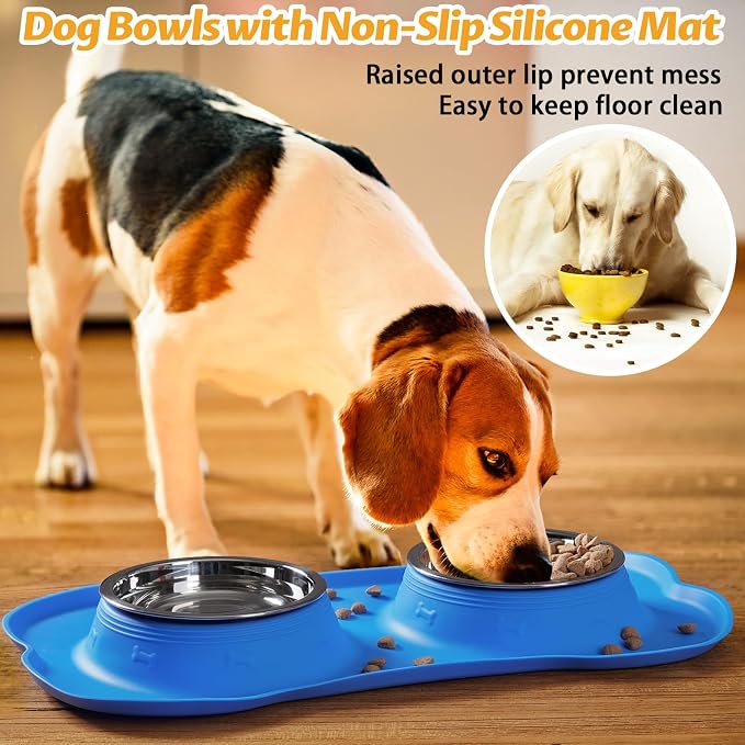 Hubulk Pet Dog Bowls 2 Stainless Steel Dog Bowl with No Spill Non-Skid Silicone Mat + Pet Food Scoop Water and Food Feeder Bowls for Feeding Small Medium Large Dogs Cats Puppies (Extra Large, Blue)