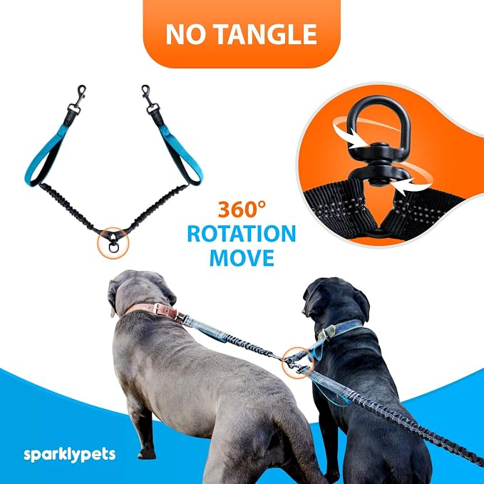 SparklyPets Hands Free Double Dog Leash – Dual Leash for Medium and Large Breeds – Lead for 2 Dogs with Padded Handles, Reflective Stitches, No Pull, Tangle Free
