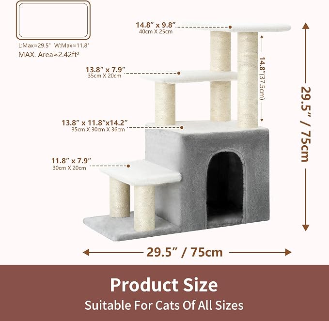 Heybly Cat Scratching Post, Pet Steps for Indoor Cats and Dogs, HSP002SWWH | Small Cat Tree with Cat Condo, Pet Stairs with Full Wrapped Sisal Posts & Soft Plush Fabric, Light Gray & White