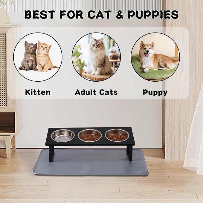 Summark Upgraded Elevated Cat Bowls with Food Mat,15°Tilted Stand Anti Vomiting Raised Cat Dishes for Food and Water,3 Stainless Steel Bowls for Cats and Puppy（Black）