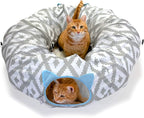 Kitty City Large Cat Tunnel Bed, 2-in-1 Zip-Together Cat Play Tunnel & Plush Nap Bed, Pop-Up Indoor Cat Toy with Hanging Toys, Collapsible Design - White