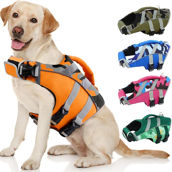Kuoser Reflective Dog Life Jacket, Dog Life Vest for Swimming Boating | Adjustable Pet Lifejackets, High Flotation Doggie Swimsuit with Rescue Handle for Small Medium Large Dogs