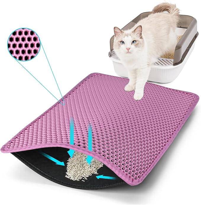 Cat Litter Mat 23"x14.5", Double Layer Waterproof Litterbox Mat, Pink | Non-slip backing, washable for easy cleanup, traps stray litter with waterproof honeycomb large grid that is urine-proof.