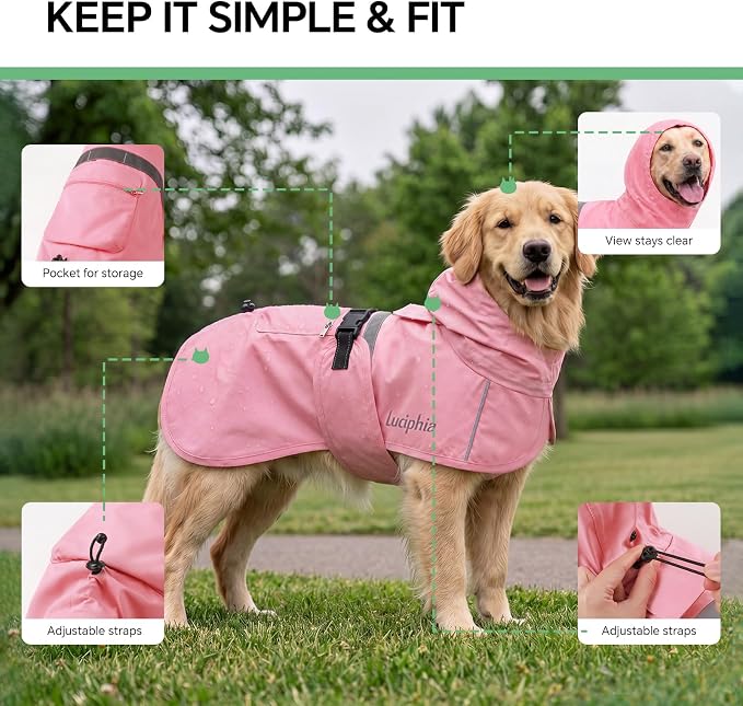 Luciphia Dog Raincoat, Adjustable Hooded Reflective Jacket with Pocket | Pink XXX-Large dog rain jacket with leash hole, buckle-on, non-stick fur. For daily walks.