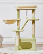 Taoqimiao Cat Tree, 38.5In Cat Tower for Indoor Cats, Suitable for Kittens | Thick Padded Top Perch, Luxurious Cat Condo, Adjustable Basket, 1-Piece Ramp Scratcher, 3 Sisal Posts, Green & Beige MS029SGB