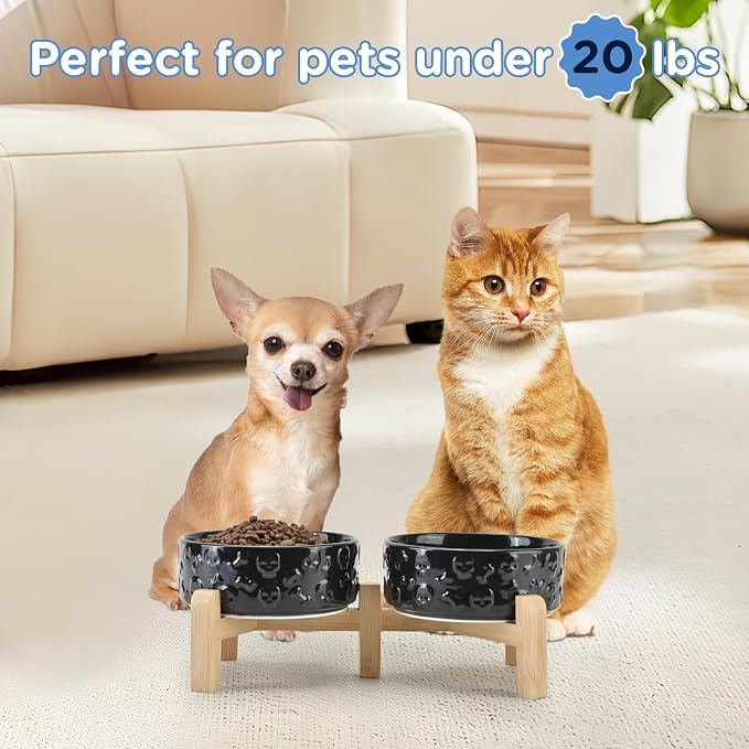 SPUNKYJUNKY Elevated Dog Bowls Ceramic, 5.1'' Dogs and Cat Food Water Bowls Raised with Non-Slip Bamboo Stand for Puppy Small Sized Breed Microwave Dishwasher Safe - 13.5 OZ,Skull Black