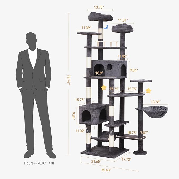 Meecal 79in Giant Cat Tree for Heavy Duty Big Cats, Large Cat Trees with Scratching Post, Cat Tree Tower with Cat Condos, Hammock & Plush Perch for Maine Coon, Smoky Gray
