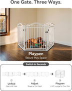 No Pawblems Full Metal Free Standing Dog Gate with Door, 30'' Tall | Foldable Freestanding Pet Gate for Indoor & Outdoor, Up to 156 Inch Extra Wide Dog Fence for Doorways, Stairs, Deck - White