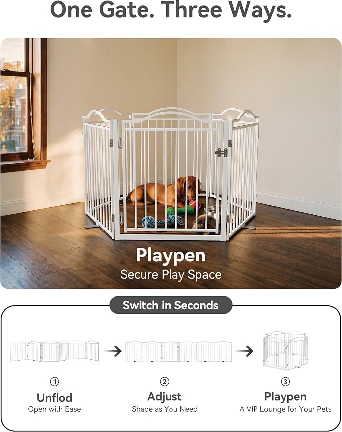 No Pawblems Full Metal Free Standing Dog Gate with Door, 30'' Tall | Foldable Freestanding Pet Gate for Indoor & Outdoor, Up to 156 Inch Extra Wide Dog Fence for Doorways, Stairs, Deck - White