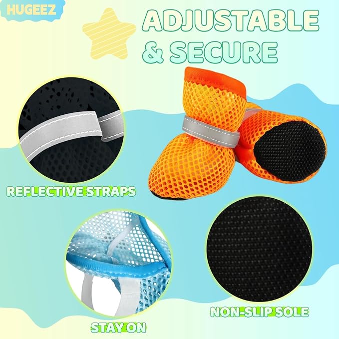 Breathable Mesh Dog Shoes Summer Anti-Scald Paw Protector Boots, Reflective Adjustable Non Slip Pet Footwear for Small Dogs Puppy Cats Hot Pavement Outdoor Walking (Orange Color, S)